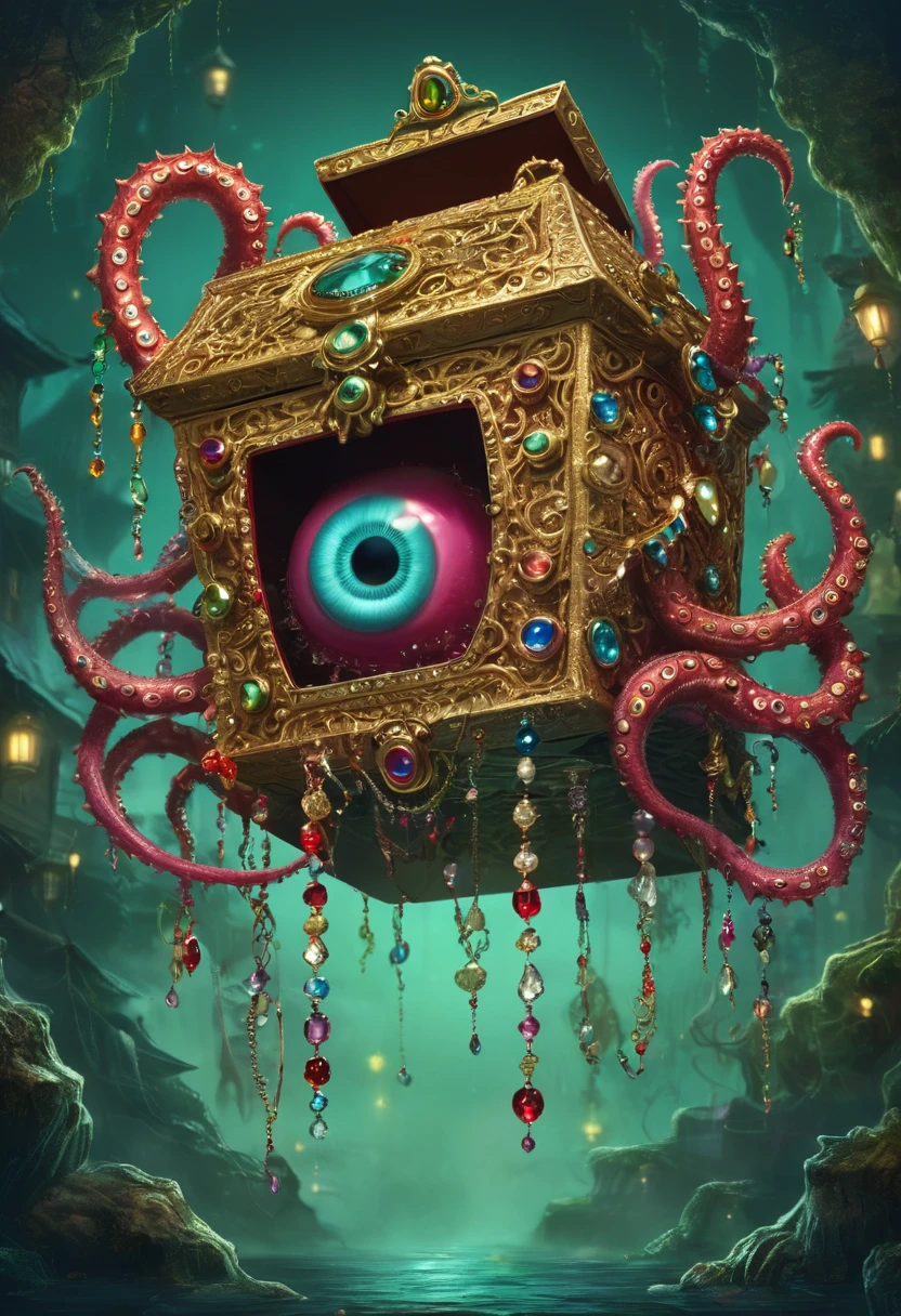 Strange box monster full of jewels - one eye - sharp teeth - ugly，Long tentacles，Scattered jewelry,greedy