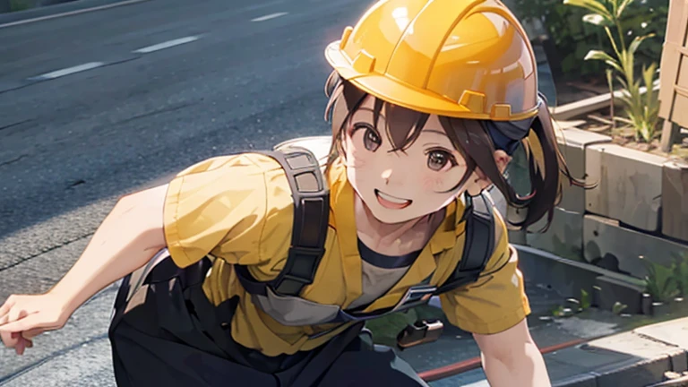 Smiling Japanese man wearing work clothes, helmet, working at a construction site. He looks happy, working. He is using heavy machinery. He is moving. He is using a full harness safety belt. Japanese man