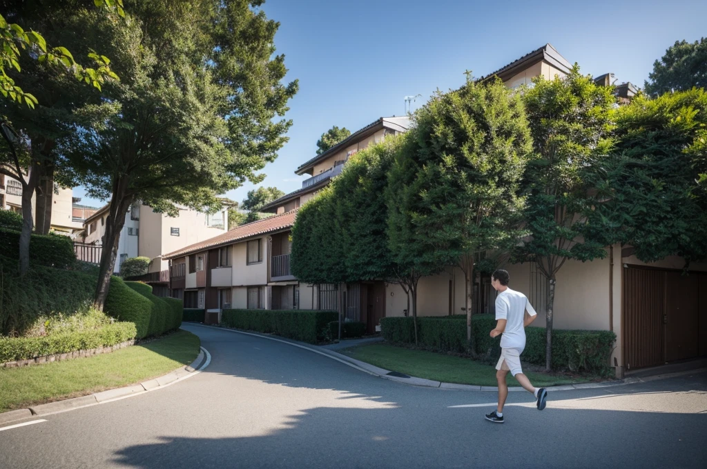 Apartments can be seen in the distance, and cars can be seen in the distance. A man in his 30s can be seen running away, but he is so far away that he cannot recognize his face. The side where the man runs away is a low garden with a forest next to the apartment.