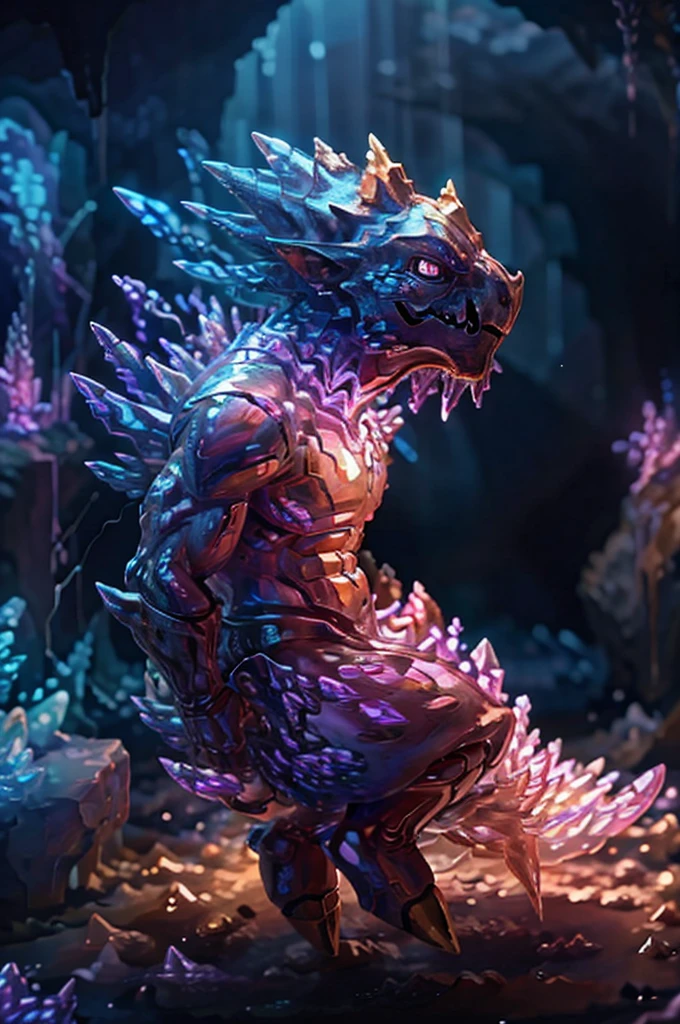 A giant golem made of transparent glass, with veins of luminous energy running through his body. He is standing in an underground cave filled with crystal stalactites and stalagmites.. Your heart, a giant gem, pulses with white light, lighting the cave. The ground is covered in glass shards and shiny minerals.. The atmosphere is magical and silent. nft image