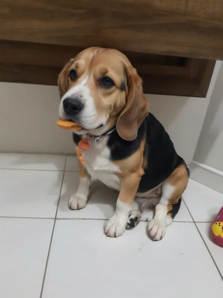 there is a dog sitting on the floor with a toy in its mouth, a pastel by Emma Andijewska, reddit, realism, cute beagle, having a snack, buttercup eating pizza, ready to eat, looking towards the camera, a wide full shot, a handsome, aww, looking away from camera, an artistic pose, a brightly coloured
