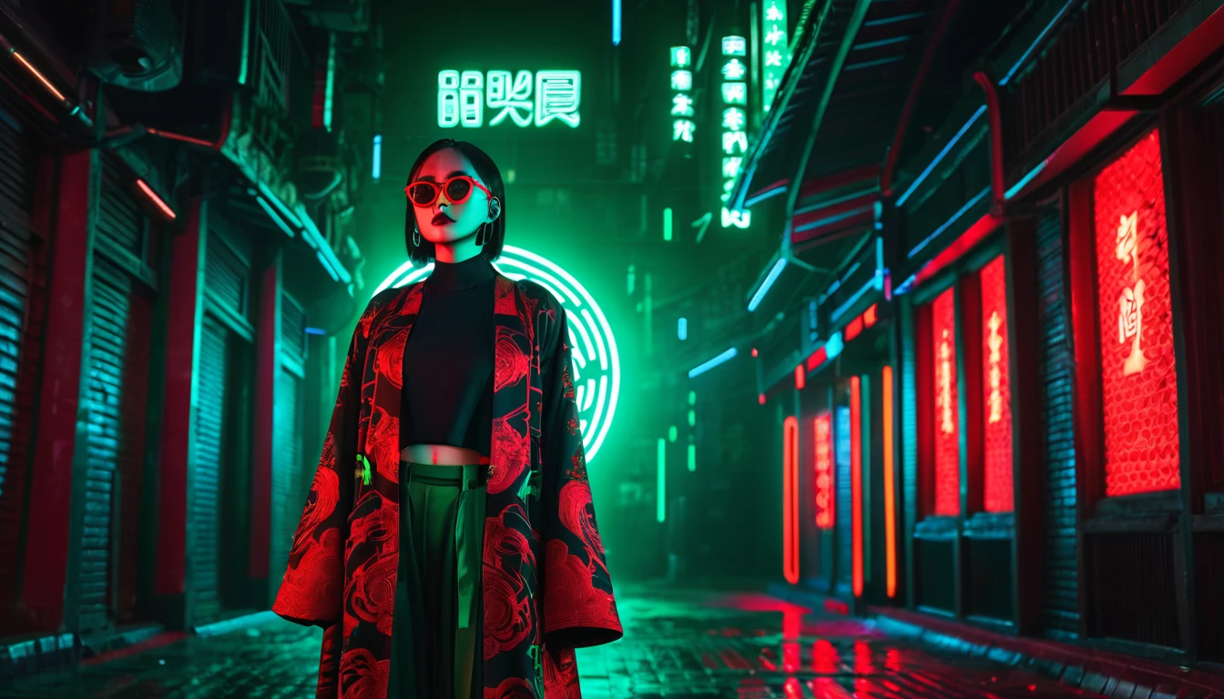 Dark night cyberpunk background，Neon，Full body shot，Red and dark green national trend style，woman，Chinese clothing，手持Neon，With round black glasses，Facial perfection，Detailed wide-angle shot，High Definition Rendering