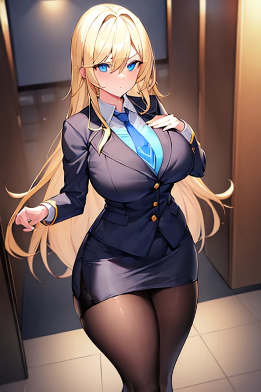 1girl, blonde hair, long hair, office, office jacket, black jacket, light blue necktie, blue necktie, glowing eyes, serious, mature female, milf, MILF, thick thighs, large breasts, white shirt, black pantyhose, pantyhose, jacket, pencil skirt, skirt, blue eyes, tall female, tall, full_body, ((full body))