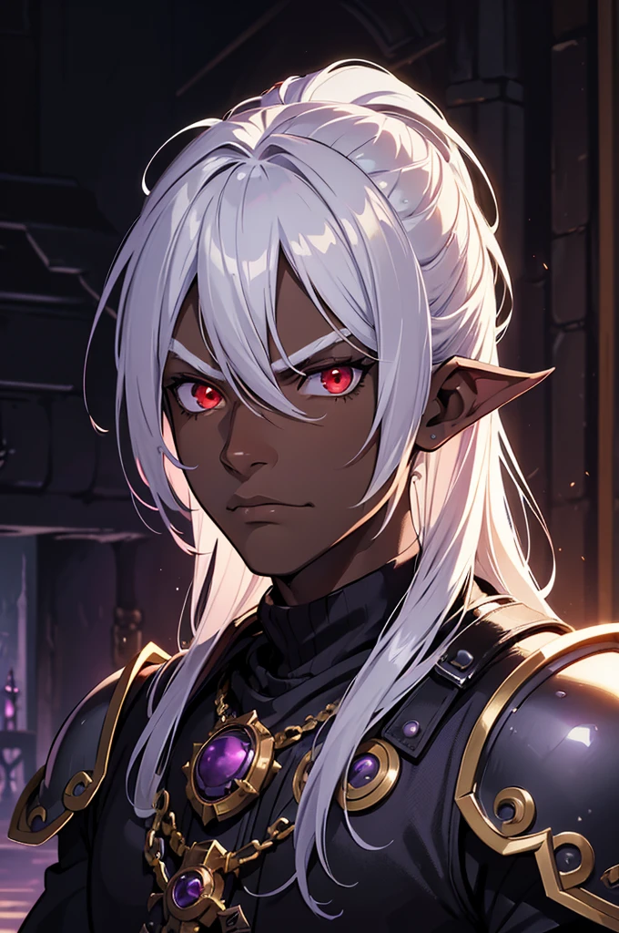 masterpiece, best quality, ultra high res, 1boy, (mix between dungeonpunk and steampunk armor), (wearing armor)fantasy illustration, dark skinned, human, upper body, portrait, red eyes, long white hair, Xemnas from Kingdom Hearts, half-drow, pointy ears, serious face, young man, dramatic lighting, purple hue, art by Kinema Citrus