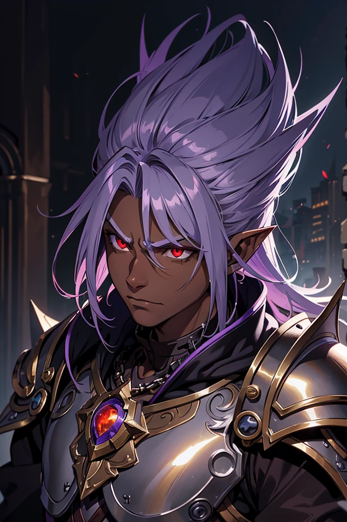 masterpiece, best quality, ultra high res, 1boy, (mix between dungeonpunk and steampunk armor), (wearing armor)fantasy illustration, dark skinned, human, upper body, portrait, red eyes, long white hair, Xemnas from Kingdom Hearts, half-drow, pointy ears, serious face, young man, dramatic lighting, purple hue, art by Kinema Citrus