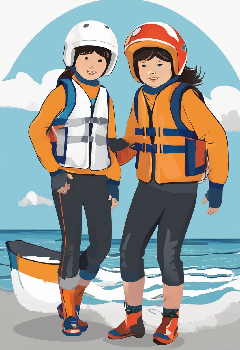 Simple illustration of a boy and girl wearing a white helmet and a life jacket Digital art