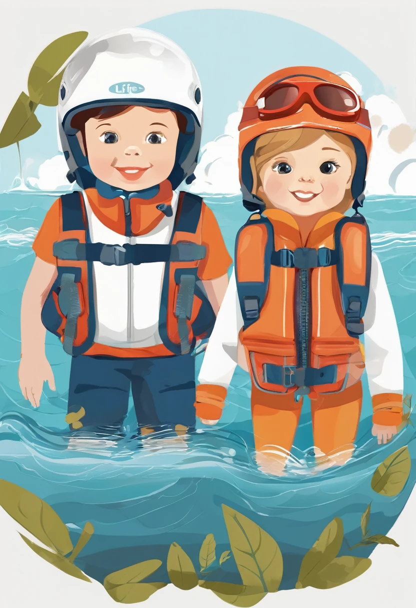 Simple illustration of a boy and girl wearing a white helmet and a life jacket Digital art