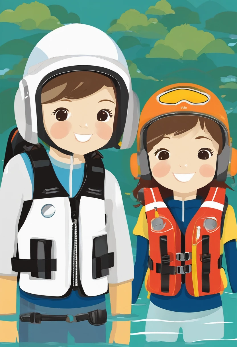 Simple illustration of a boy and girl wearing a white helmet and a life jacket Digital art