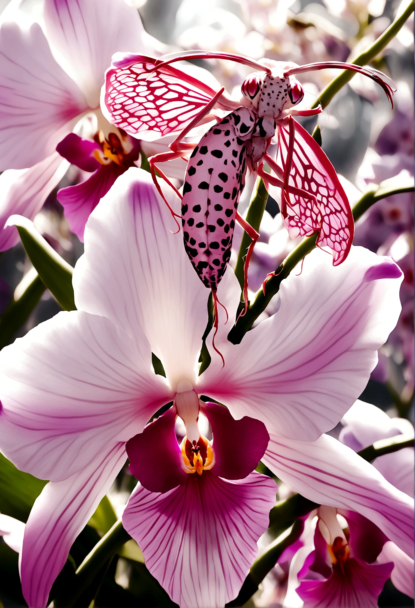 orchid mantis, pale white with pink highlights, hiding on white orchid, preparing to ambush prey, insect macro photography, extremely detailed, high resolution, photorealistic, natural lighting, depth of field, seamless blend of mantis and orchid, vibrant colors