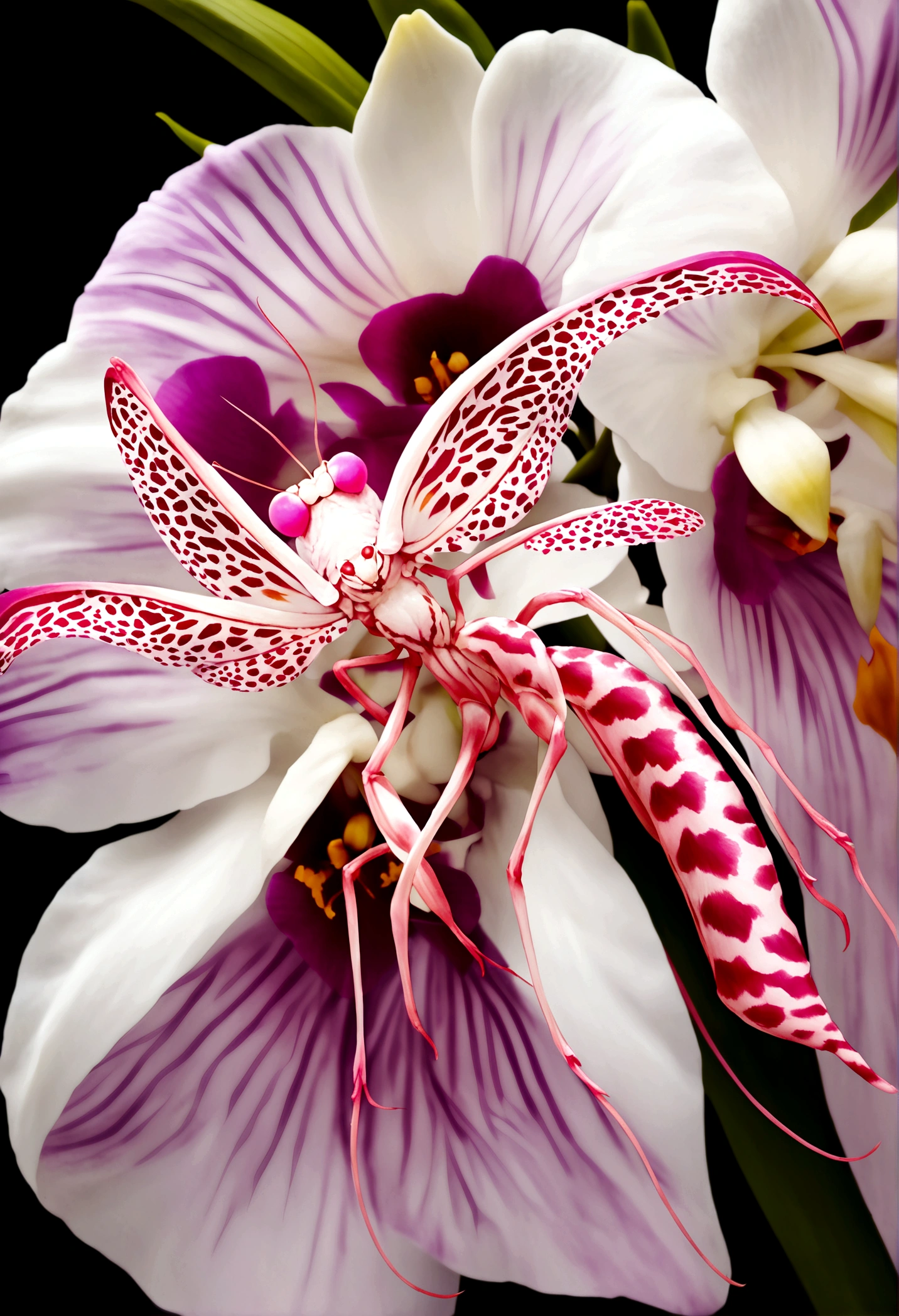 orchid mantis, pale white with pink highlights, hiding on white orchid, preparing to ambush prey, insect macro photography, extremely detailed, high resolution, photorealistic, natural lighting, depth of field, seamless blend of mantis and orchid, vibrant colors