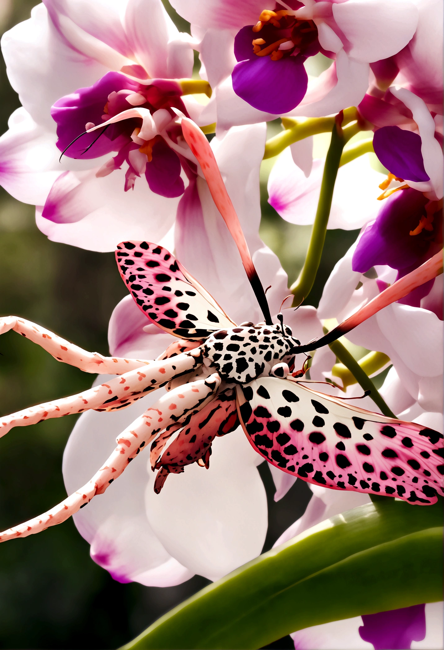 orchid mantis, pale white with pink highlights, hiding on white orchid, preparing to ambush prey, insect macro photography, extremely detailed, high resolution, photorealistic, natural lighting, depth of field, seamless blend of mantis and orchid, vibrant colors