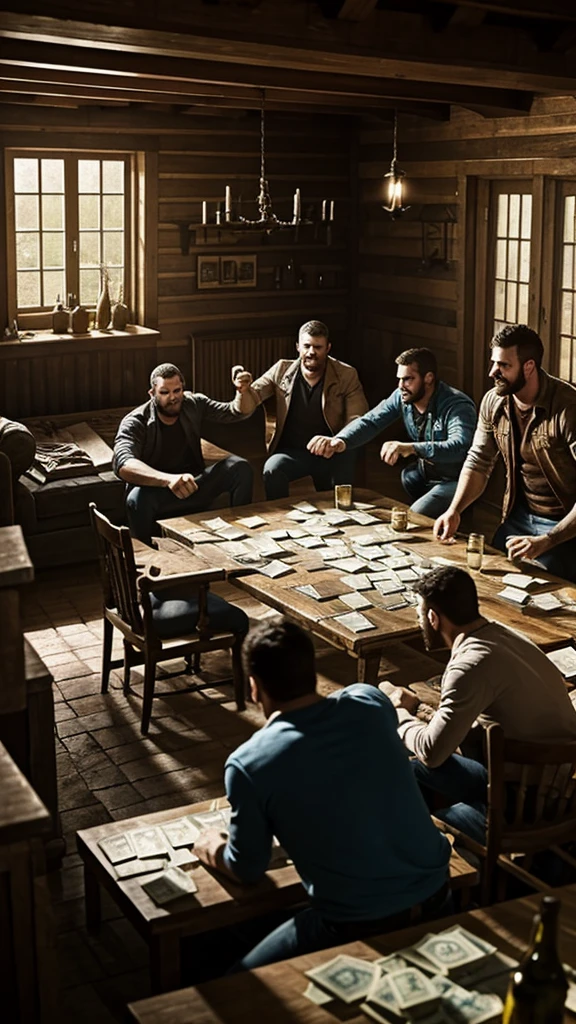 The gang members celebrating inside the farmhouse, surrounded by stacks of stolen money, showcasing their brief moment of triumph before the manhunt begins