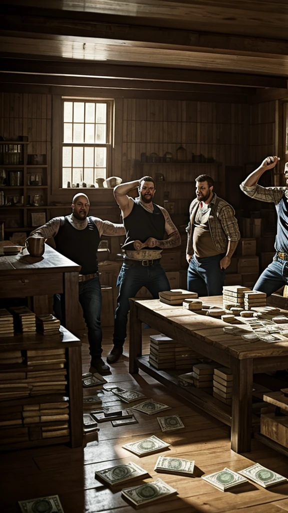 The gang members celebrating inside the farmhouse, surrounded by stacks of stolen money, showcasing their brief moment of triumph before the manhunt begins