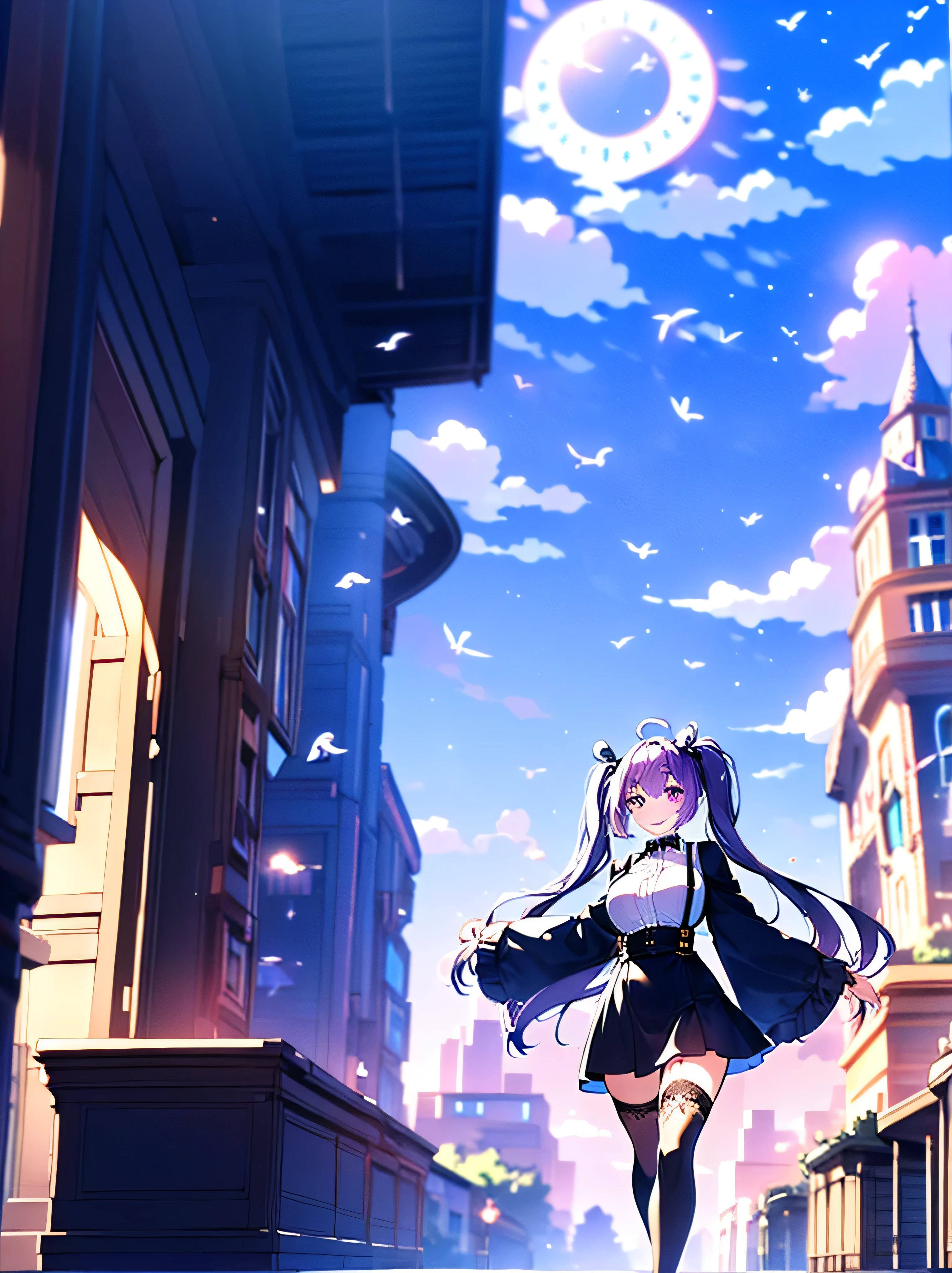 (masterpiece), (HDR), absurdres, (best quality), (ultra high quality), (hi-res), (1girl), (pastel purple eyes), beautiful detailed eyes, detailed eyes, teen, (dark purple hair), bangs, short side locks, (big thick twintails), (long straight hair), ((two gold hair ties)), (medium breast), skirt with suspenders straps, white, collared shirt, ruffles, sleeve cuffs, ((black thighhighs)), (zettai ryouiki), (thin waist), ((thigh gap)), (happy expression), smile, cute, (looking at viewer), bend at waist, walking, in the city, outside, buildings, sidewalk, daytime, sunlight on face, noon, bright sun, city scenery, crosswalk, birds