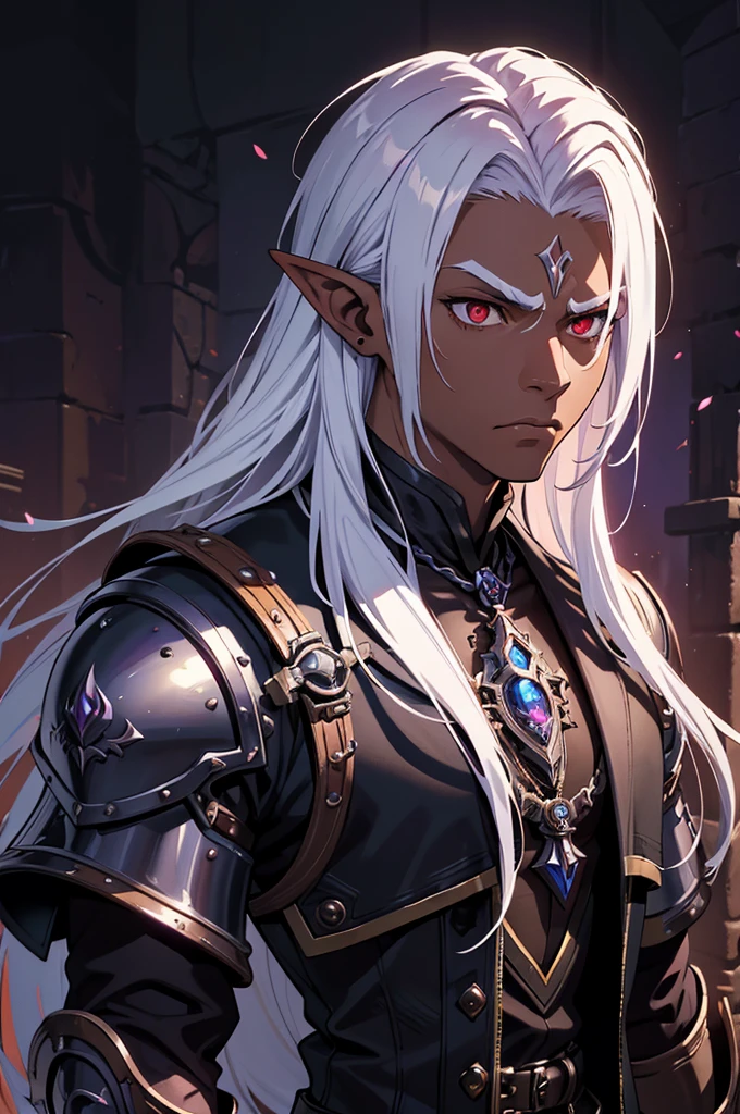 masterpiece, best quality, ultra high res, 1boy, (mix between dungeonpunk and steampunk armor), (wearing armor)fantasy illustration, dark skinned, human, upper body, portrait, red eyes, long white hair, Xemnas from Kingdom Hearts, half-drow, pointy ears, serious face, young man, dramatic lighting, purple hue, art by Kinema Citrus