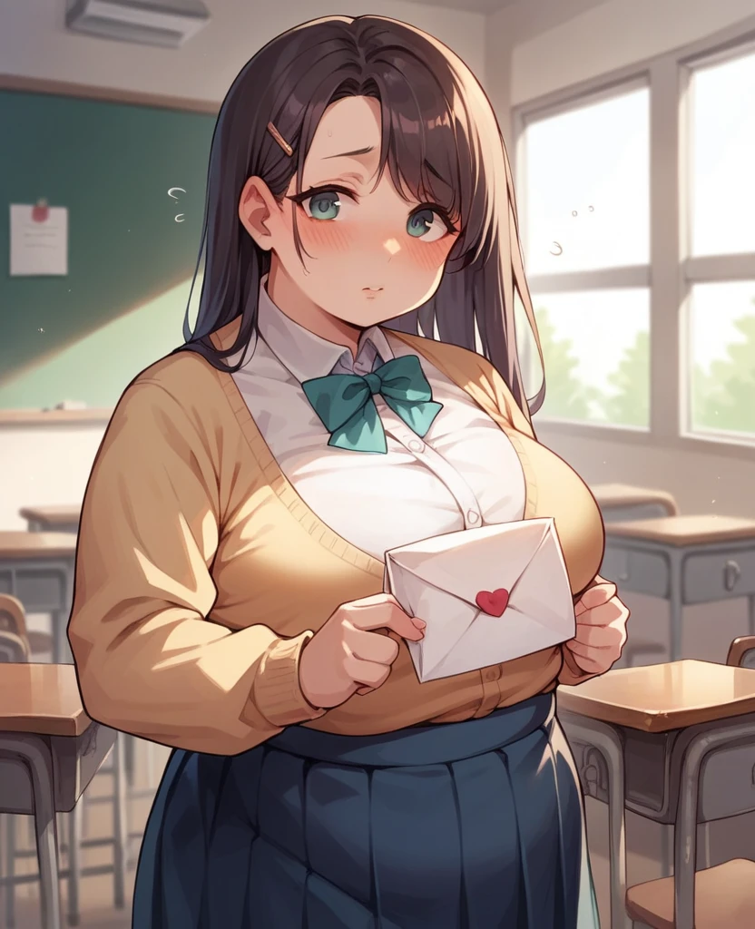 Chubby woman, school girl outfit, blushing, holding a love letter to the viewers