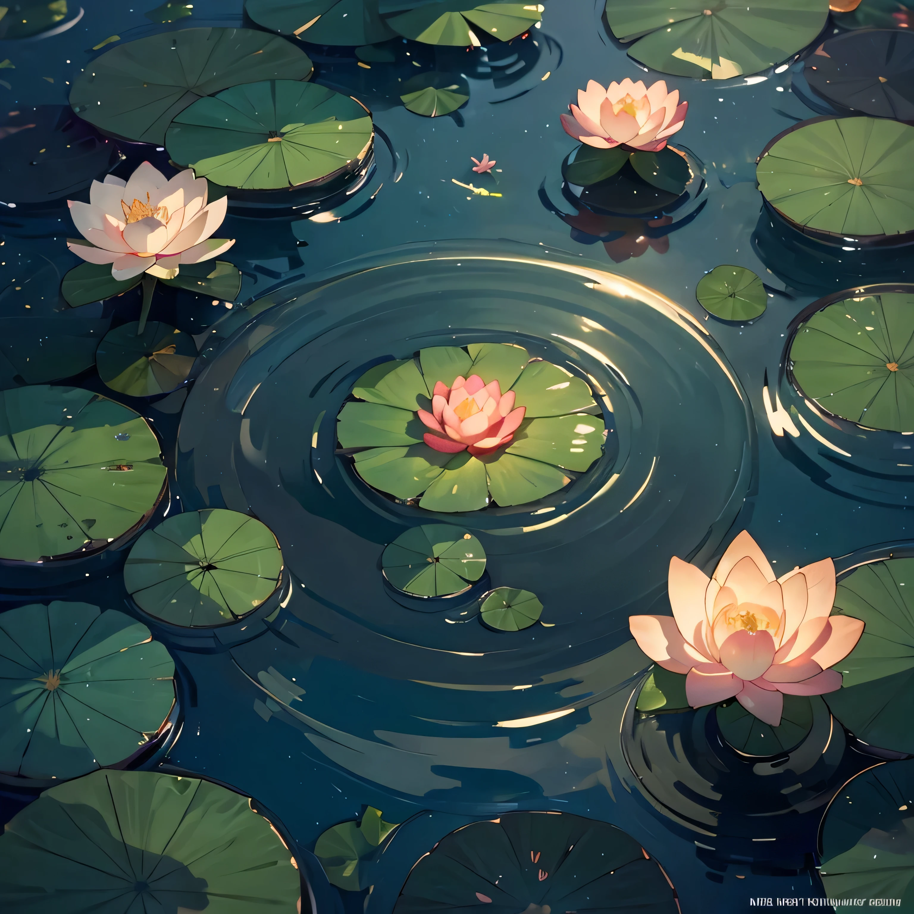 top view，a fish swim around lily pads，beautiful lotus reflect bright sunshine