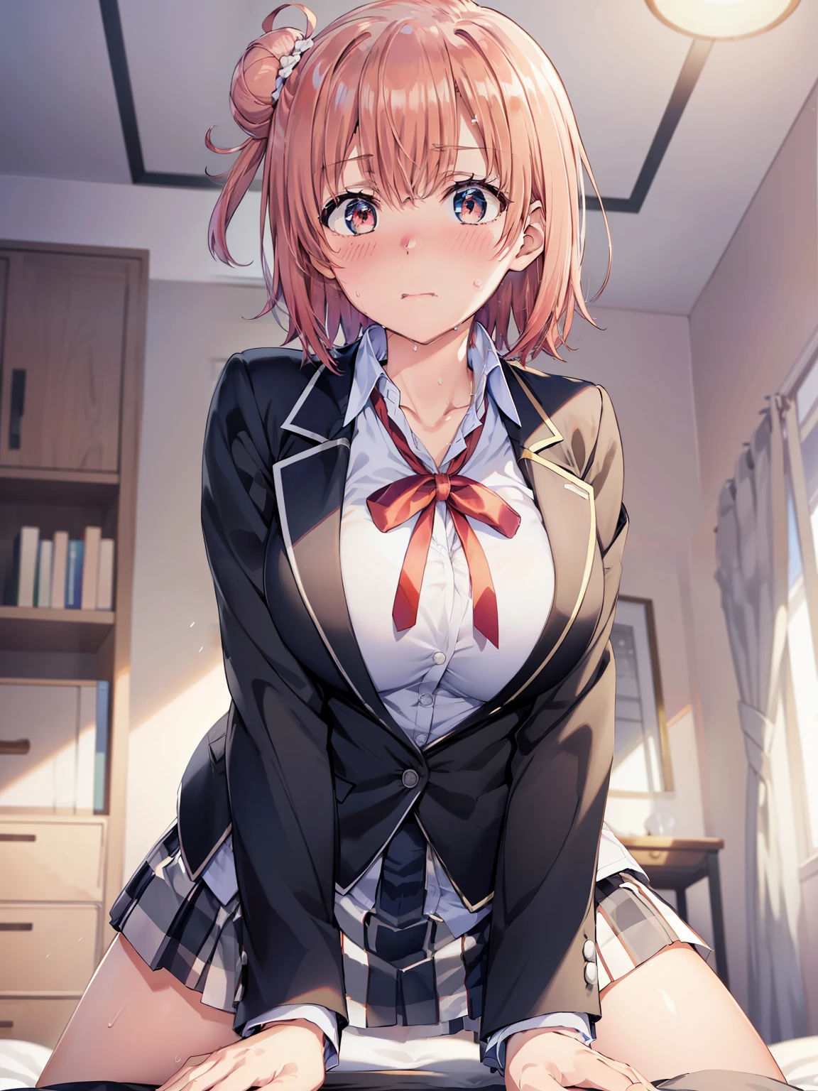 ((Highest quality, High resolution,  Perfect Pixel,  4K)),  (Beautiful Anime Girls), Depth of written boundary、


Yuigahama Yui,  (Big Breasts:1.3)、
short hair, Single hair bun, Neck ribbon, White shirt, Dress shirt, blazer, Black jacket, Open jacket, Long sleeve, Checked skirt,  
Sweat、blush、
indoor、
ass pov, straddling, 