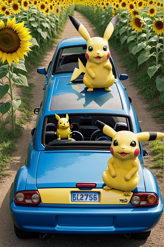 Create a picture with a Pikachu and a lizard in a blue and red Toyota with a basketball and in a field of sunflowers