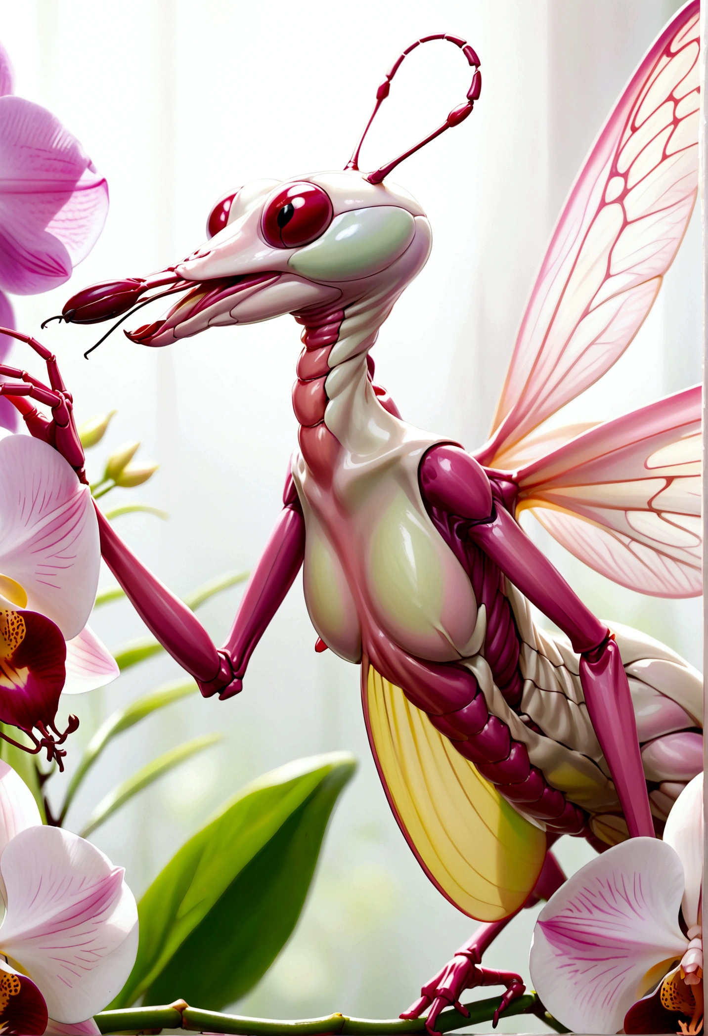 orchid mantis, pale white with pink highlights, hiding on white orchid, preparing to ambush prey, insect macro photography, extremely detailed, high resolution, photorealistic, natural lighting, depth of field, seamless blend of mantis and orchid, vibrant colors