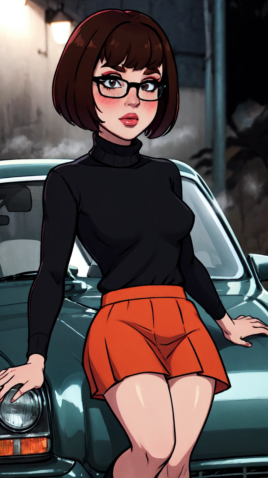 1girl, Velma from scooby-doo, solo, skinny, brown hair, black eyes, square glasses, orange turtleneck blouse and red skirt, eyeliner, looking at viewer, lips, black bob cut, blunt bangs, blush, standing, upper body, face focus, outdoors, horror \(theme\), night, fog egirlmakeup, sitting on the car, garage background