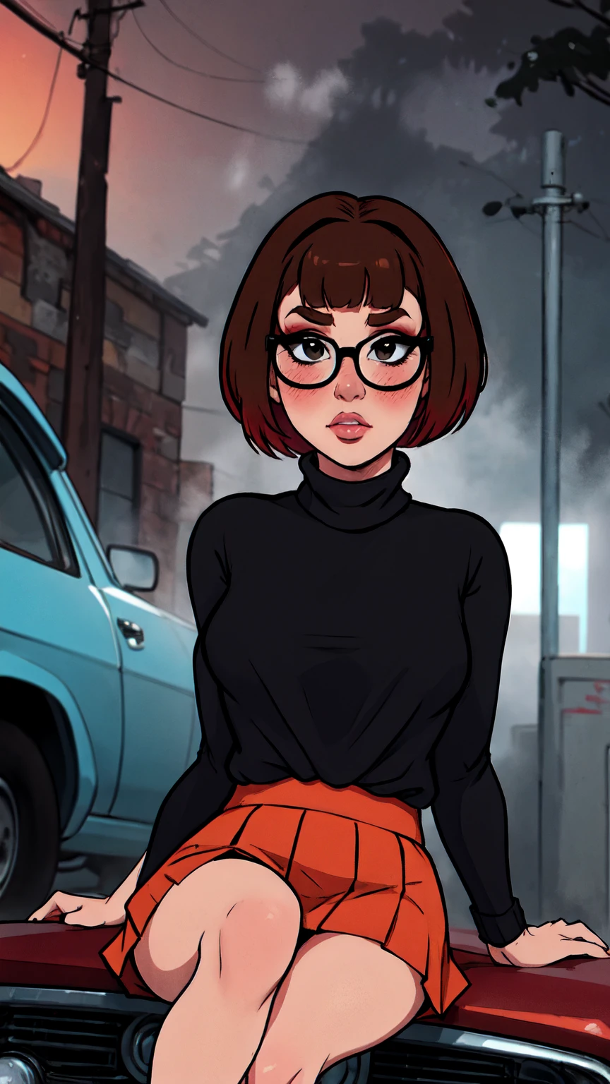 1girl, Velma from scooby-doo, solo, skinny, brown hair, black eyes, square glasses, orange turtleneck blouse and red skirt, eyeliner, looking at viewer, lips, black bob cut, blunt bangs, blush, standing, upper body, face focus, outdoors, horror \(theme\), night, fog egirlmakeup, sitting on the car, garage background