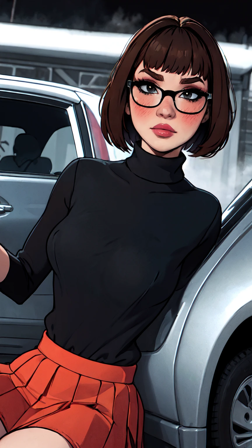 1girl, Velma from scooby-doo, solo, skinny, brown hair, black eyes, square glasses, orange turtleneck blouse and red skirt, eyeliner, looking at viewer, lips, black bob cut, blunt bangs, blush, standing, upper body, face focus, outdoors, horror \(theme\), night, fog egirlmakeup, sitting on the car, garage background