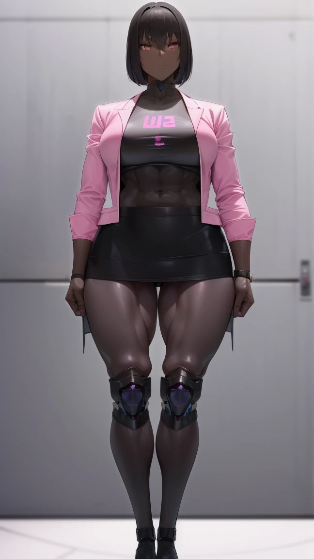 E girl cut hair Bob color pink jacket open mini skirt (((mecha legs Master piece Ultra Quality))), stand pose head on full body , (tall, muscular:1.3), (dark skin, perfect skin:1.8), (medium breasts:1.3),Grt2c