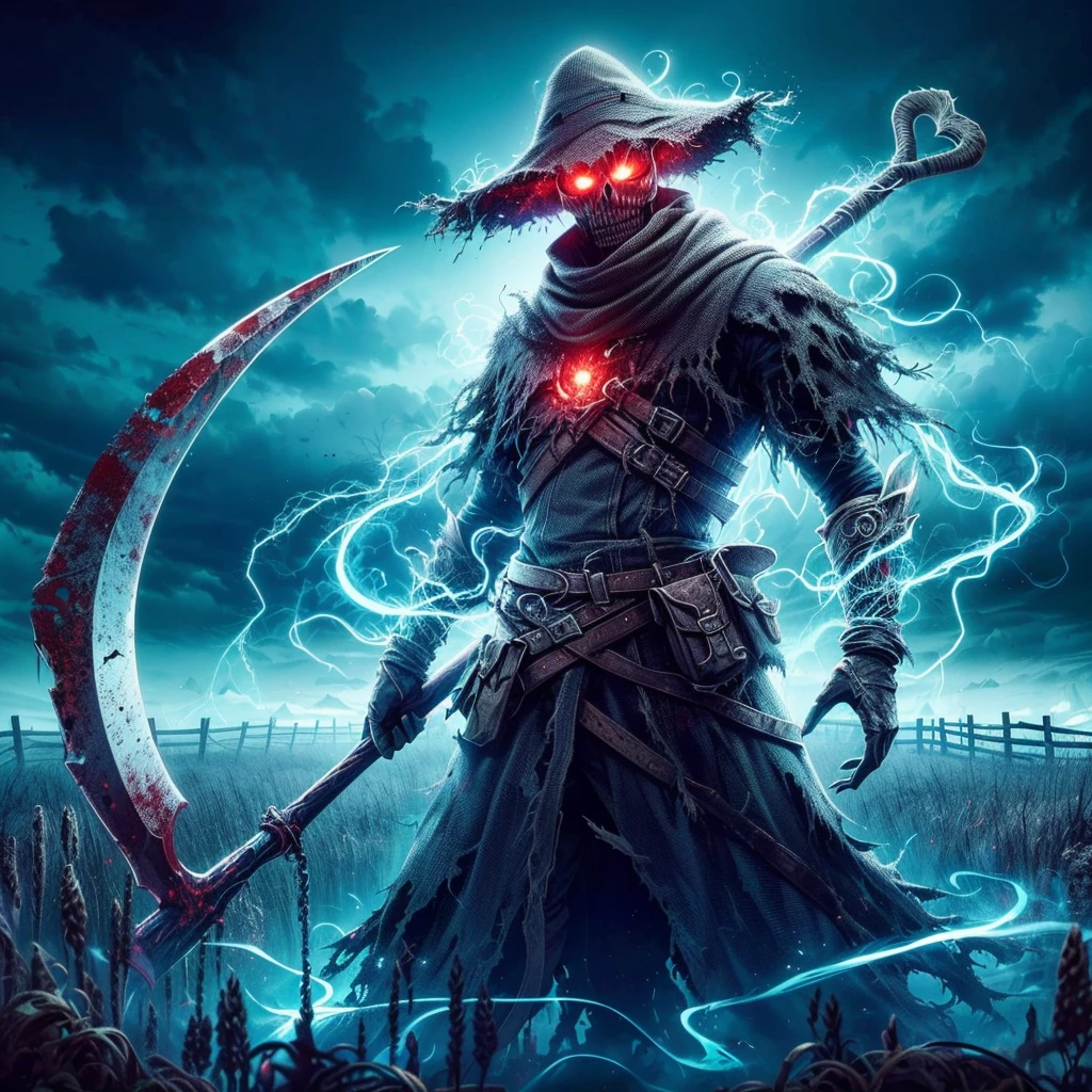 (best quality,4k,8k,highres,masterpiece:1.2),ultra-detailed,realistic:1.37,dark soul boss style,skull face,,Lovecraftian horror,haunted field background,scythe weapon,glowing red eyes,fantasy corrupted farmer outfit,energy cracking around body,battle aura,bloodstained,dynamic lighting,ominous atmosphere,grim and desolate,twisted trees,creepy fog,unsettling shadows,weathered scarecrows,distorted landscapes,haunting whispers,ominous sky,crumbling ruins,ominous storm brewing,lingering sense of darkness,ominous runes,shattered gravestones,mystery and suspense,brutal and intense,dread and fear,gothic elements,oppressive silence,menacing presence,horror-filled ambiance,dark and tormented souls,sinister energy,evoking a sense of doom,nightmare-infused reality