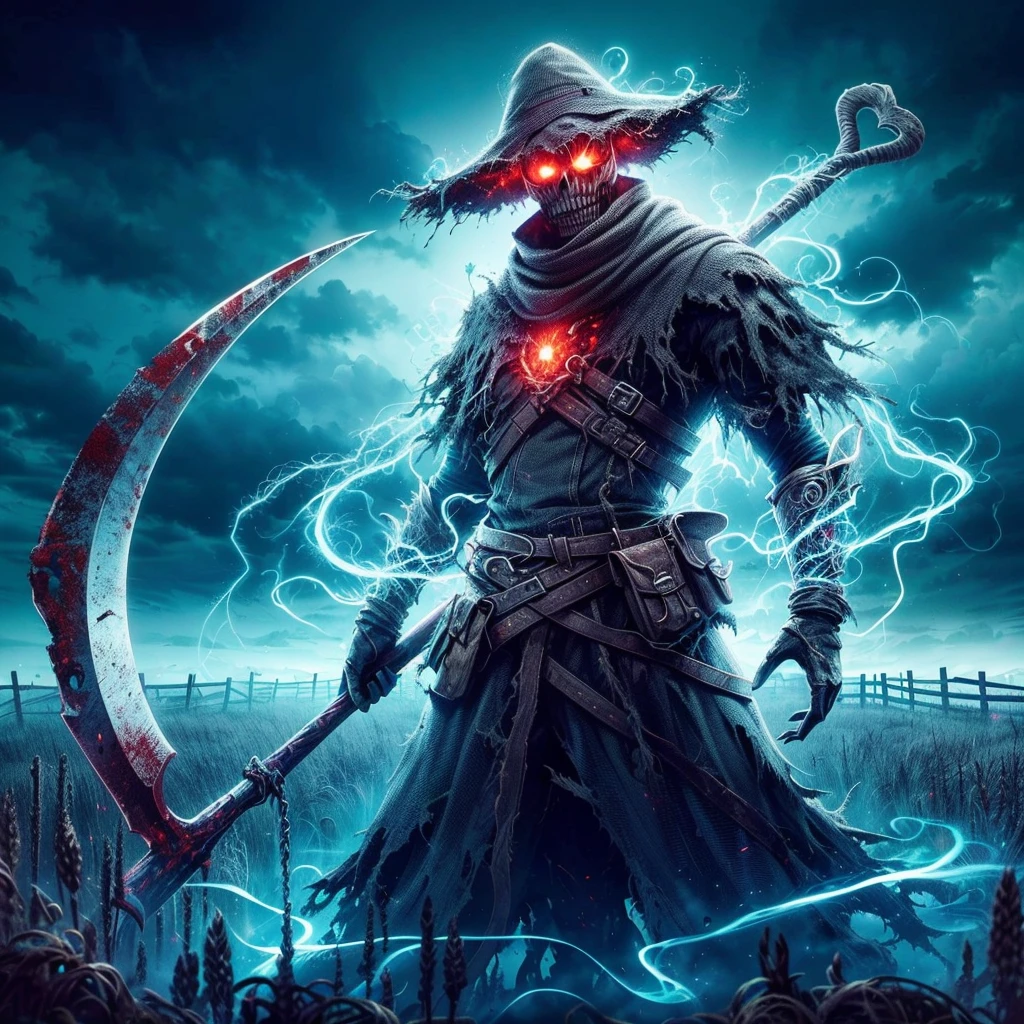 (best quality,4k,8k,highres,masterpiece:1.2),ultra-detailed,realistic:1.37,dark soul boss style,skull face,,Lovecraftian horror,haunted field background,scythe weapon,glowing red eyes,fantasy corrupted farmer outfit,energy cracking around body,battle aura,bloodstained,dynamic lighting,ominous atmosphere,grim and desolate,twisted trees,creepy fog,unsettling shadows,weathered scarecrows,distorted landscapes,haunting whispers,ominous sky,crumbling ruins,ominous storm brewing,lingering sense of darkness,ominous runes,shattered gravestones,mystery and suspense,brutal and intense,dread and fear,gothic elements,oppressive silence,menacing presence,horror-filled ambiance,dark and tormented souls,sinister energy,evoking a sense of doom,nightmare-infused reality