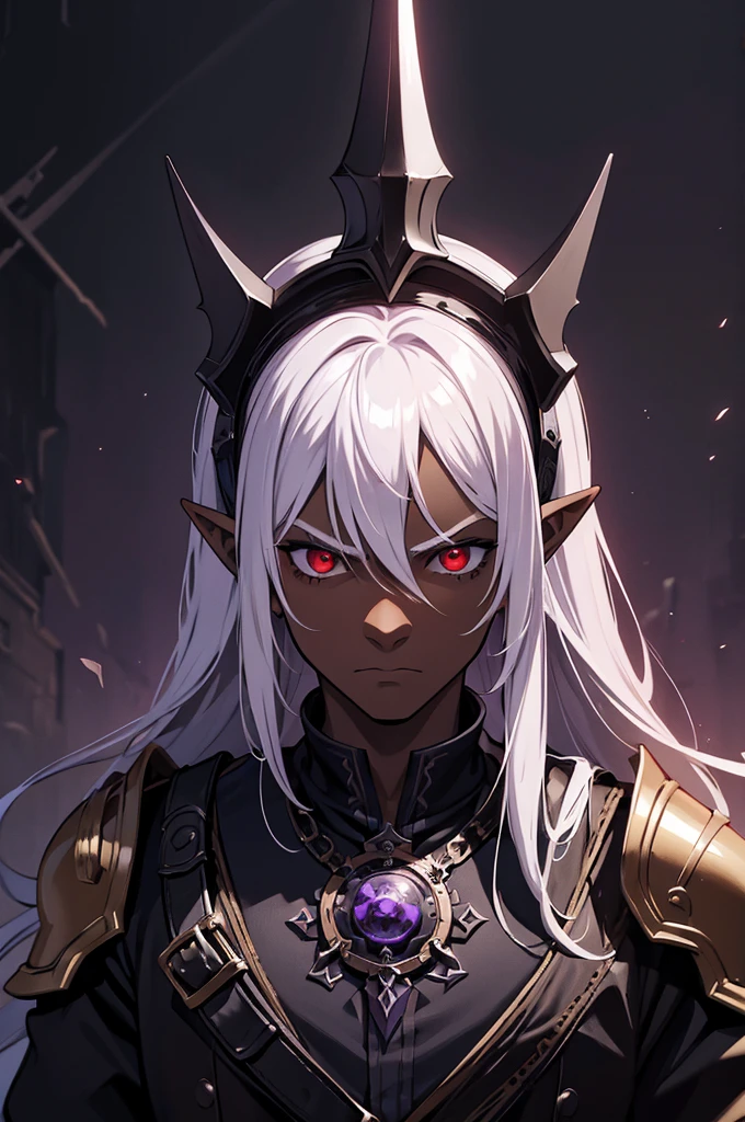 masterpiece, best quality, ultra high res, dark theme, 1boy, (mix between dungeonpunk and steampunk armor), (wearing armor)fantasy illustration, dark skinned, human, upper body, portrait, red eyes, long white hair, Xemnas from Kingdom Hearts, half-drow, pointy ears, serious face, young man, dramatic lighting, purple hue, art by Kinema Citrus