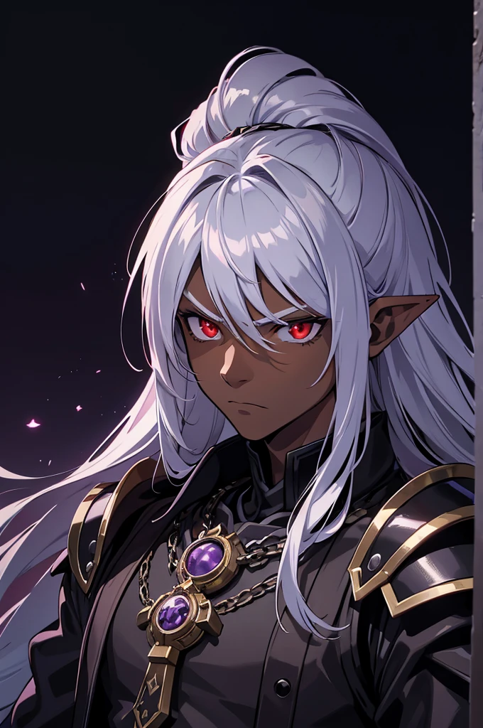 masterpiece, best quality, ultra high res, dark theme, 1boy, (mix between dungeonpunk and steampunk armor), (wearing armor)fantasy illustration, dark skinned, human, upper body, portrait, red eyes, long white hair, Xemnas from Kingdom Hearts, half-drow, pointy ears, serious face, young man, dramatic lighting, purple hue, art by Kinema Citrus