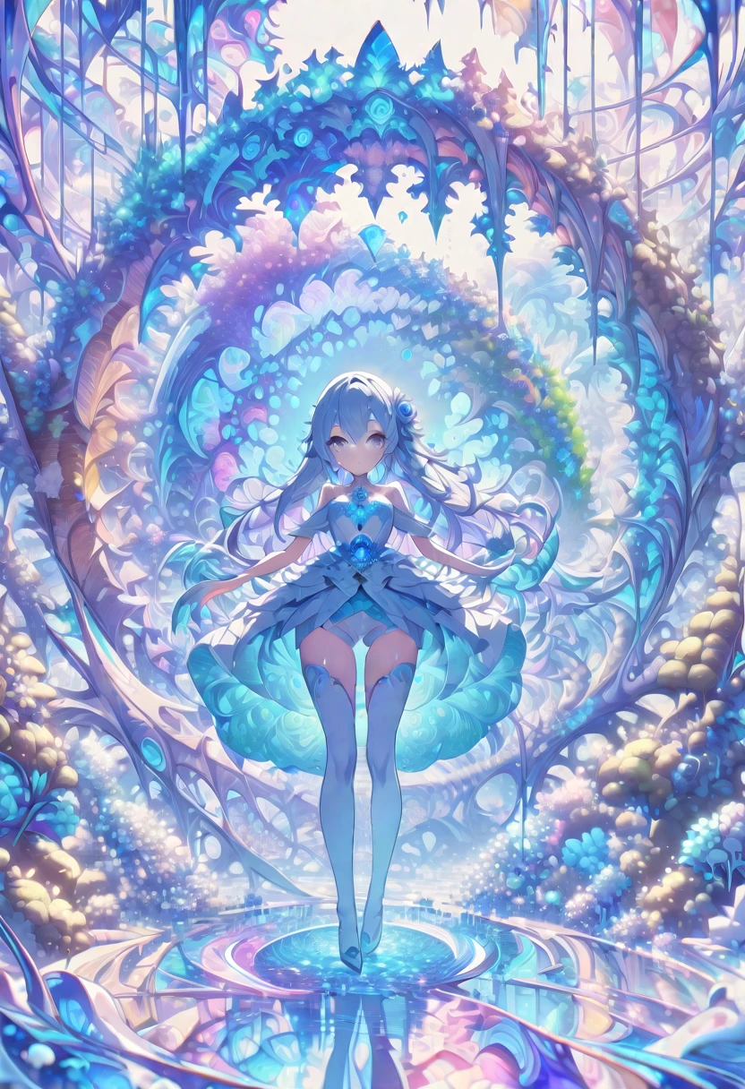 ((masterpiece)), (anime:1.3), ((Highest quality)), (Abstract art:1.5), (High resolution), (pale colour), Wide Shot, (Fractal structure:1.5), , landscape, (beautiful), (Biological atmosphere), deep sea, (pretty girl), beautiful白い髪, transparent Glass ice mirror Blue rose water晶 透き通っている water prism