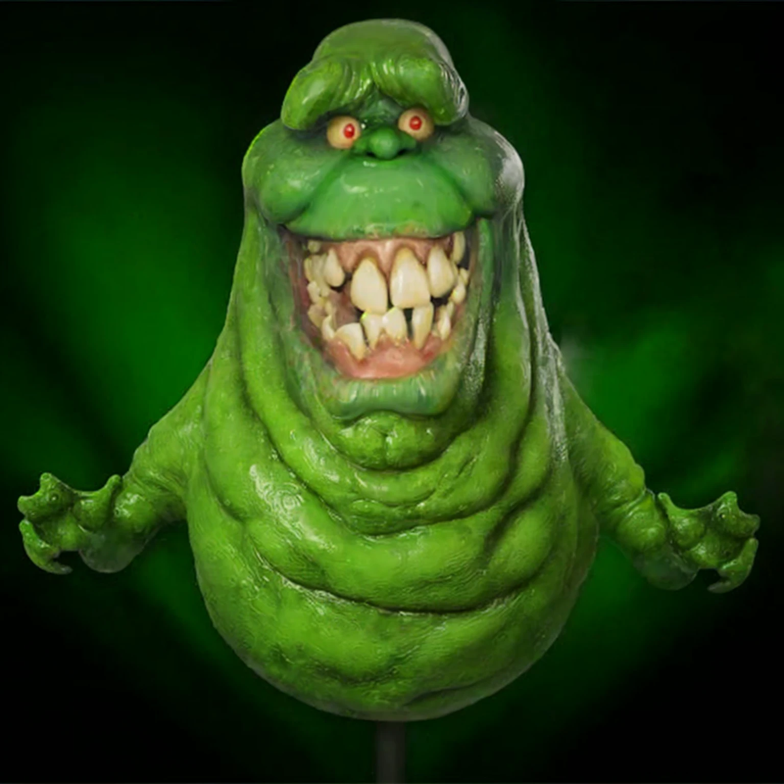 a close up, photograph, masterpiece of a green creature face perfectly defined, with a toothy smile, slimmer, ghostbusters character, 90s CGI, slimy and gelatinous slimy, gelatinous with a smile, grimace, fat and ripped creature, slime monster