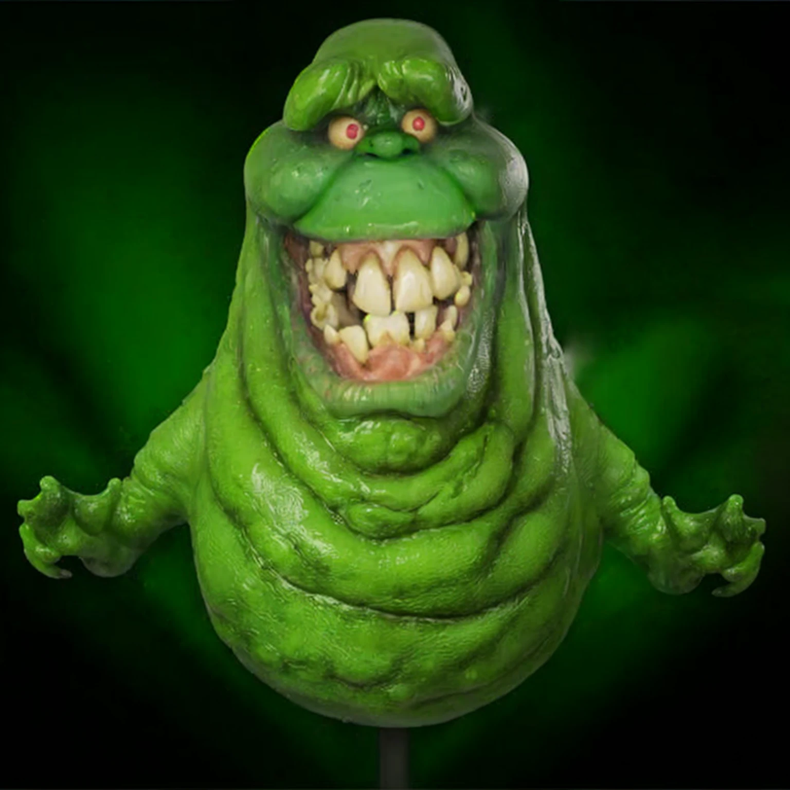 a close up, photograph, masterpiece of a green creature face perfectly defined, with a toothy smile, slimmer, ghostbusters character, 90s CGI, slimy and gelatinous slimy, gelatinous with a smile, grimace, fat and ripped creature, slime monster