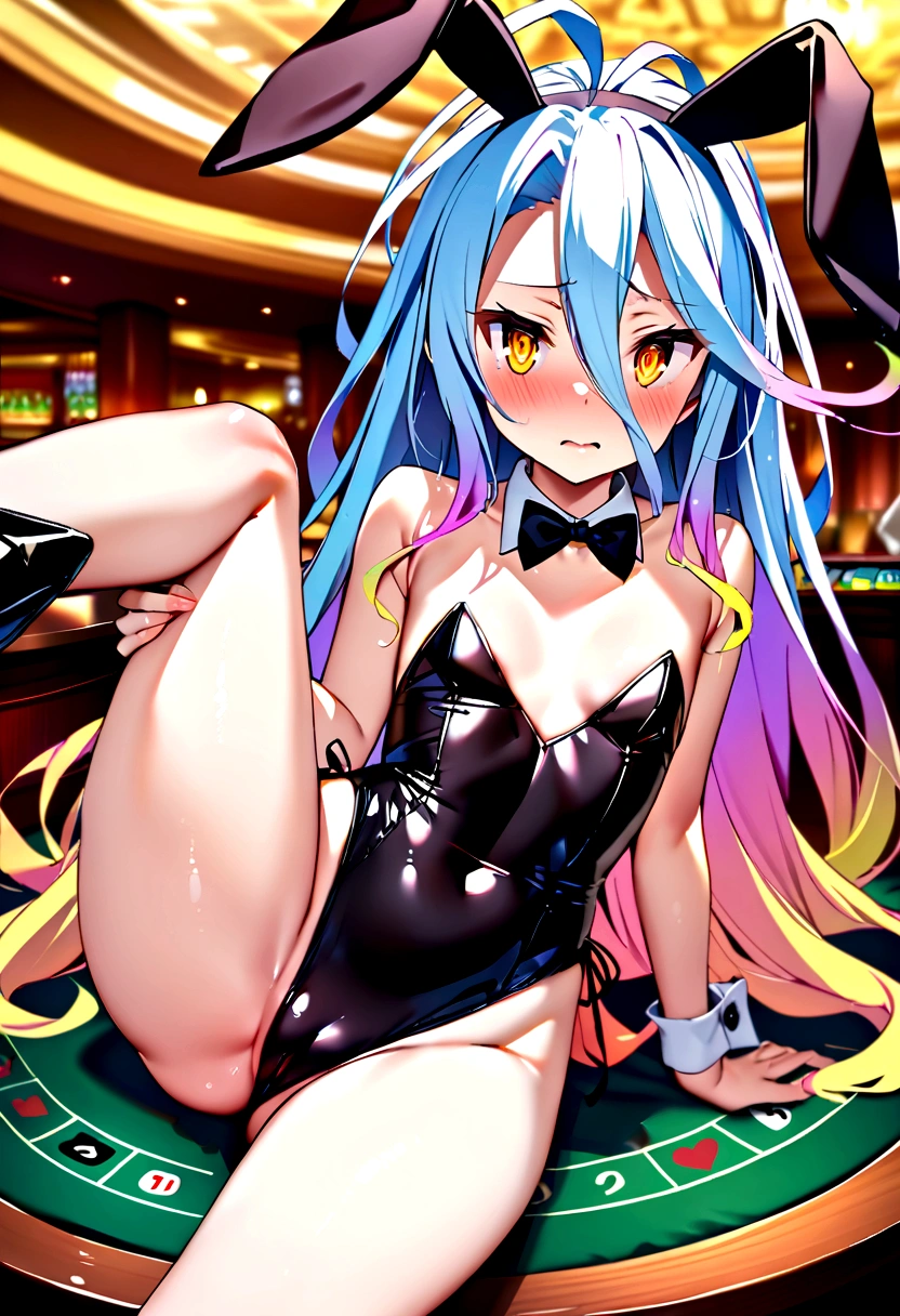 NSFW,masterpiece,Highest quality,High resolution,Super detailed,Shiro \(no game No life\),Long Hair,Multicolored Hair,Hair between the eyes,Gradient Hair,Yellow Eyes,Flat Chest,Bunny ears,Playboy Bunny,Streaks,casino,Embarrassed,blush,Leg spread