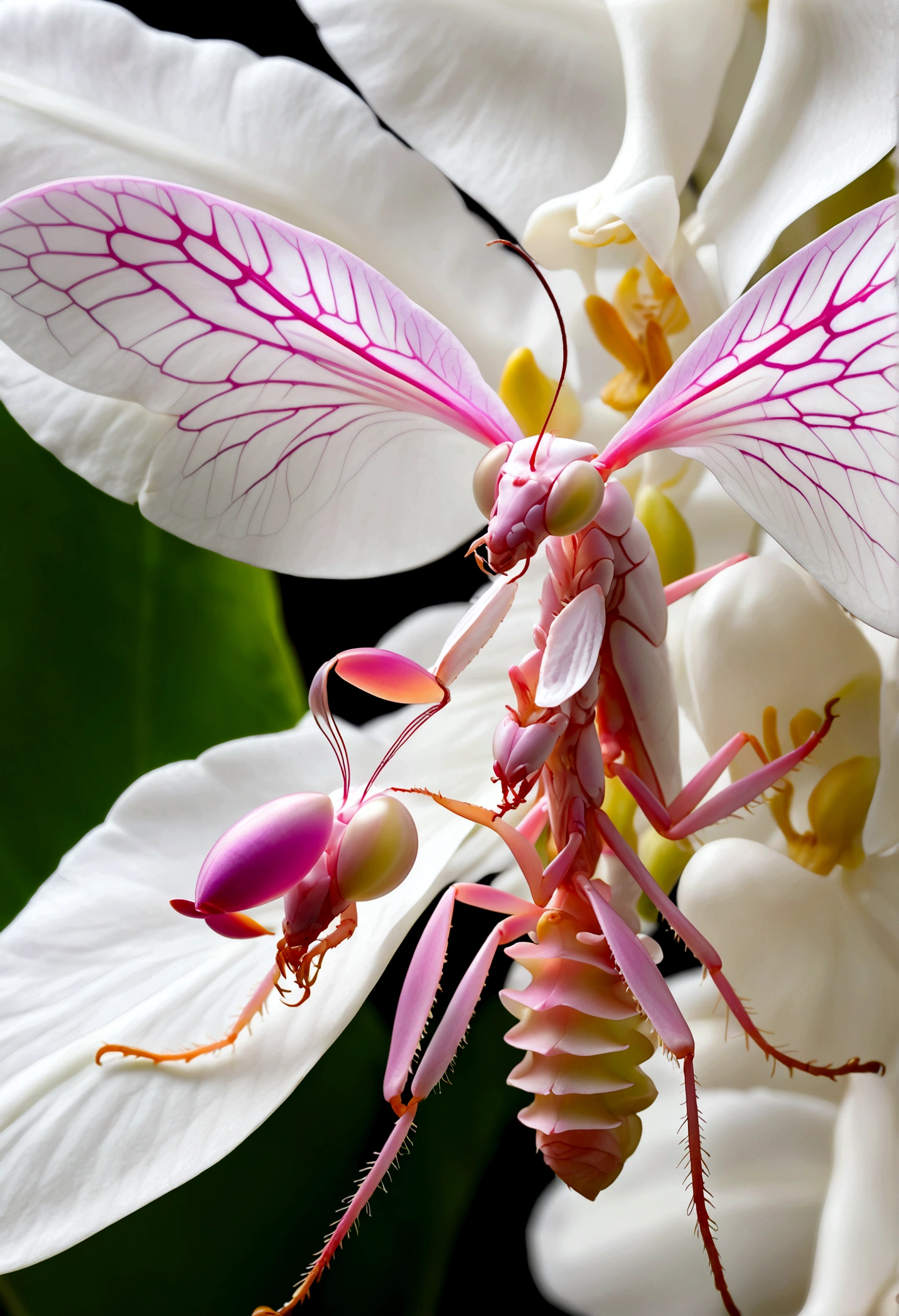 orchid mantis, pale white with pink highlights, hiding on white orchid, preparing to ambush prey, insect macro photography, extremely detailed, high resolution, photorealistic, natural lighting, depth of field, seamless blend of mantis and orchid, vibrant colors