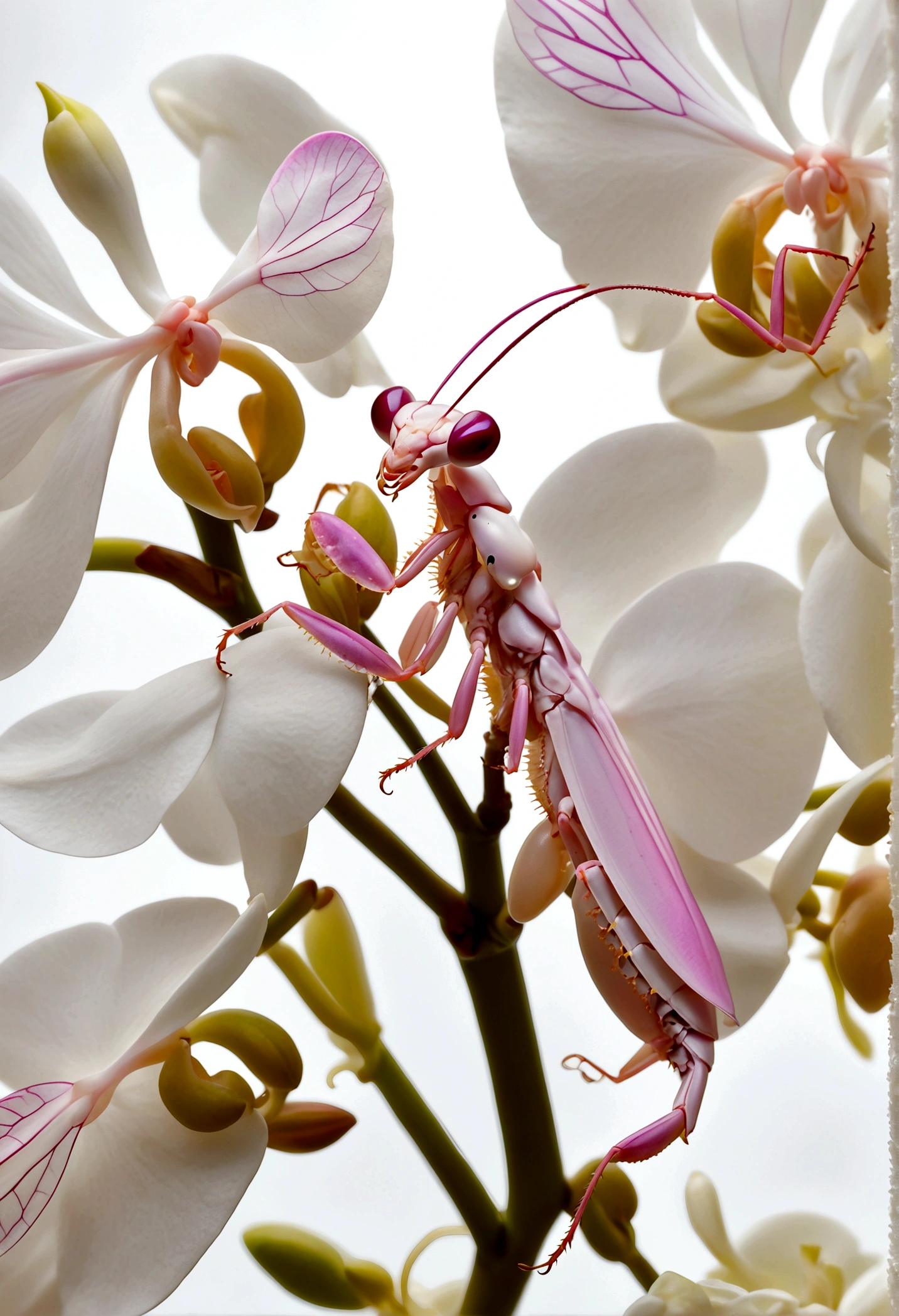 orchid mantis, pale white with pink highlights, hiding on white orchid, preparing to ambush prey, insect macro photography, extremely detailed, high resolution, photorealistic, natural lighting, depth of field, seamless blend of mantis and orchid, vibrant colors