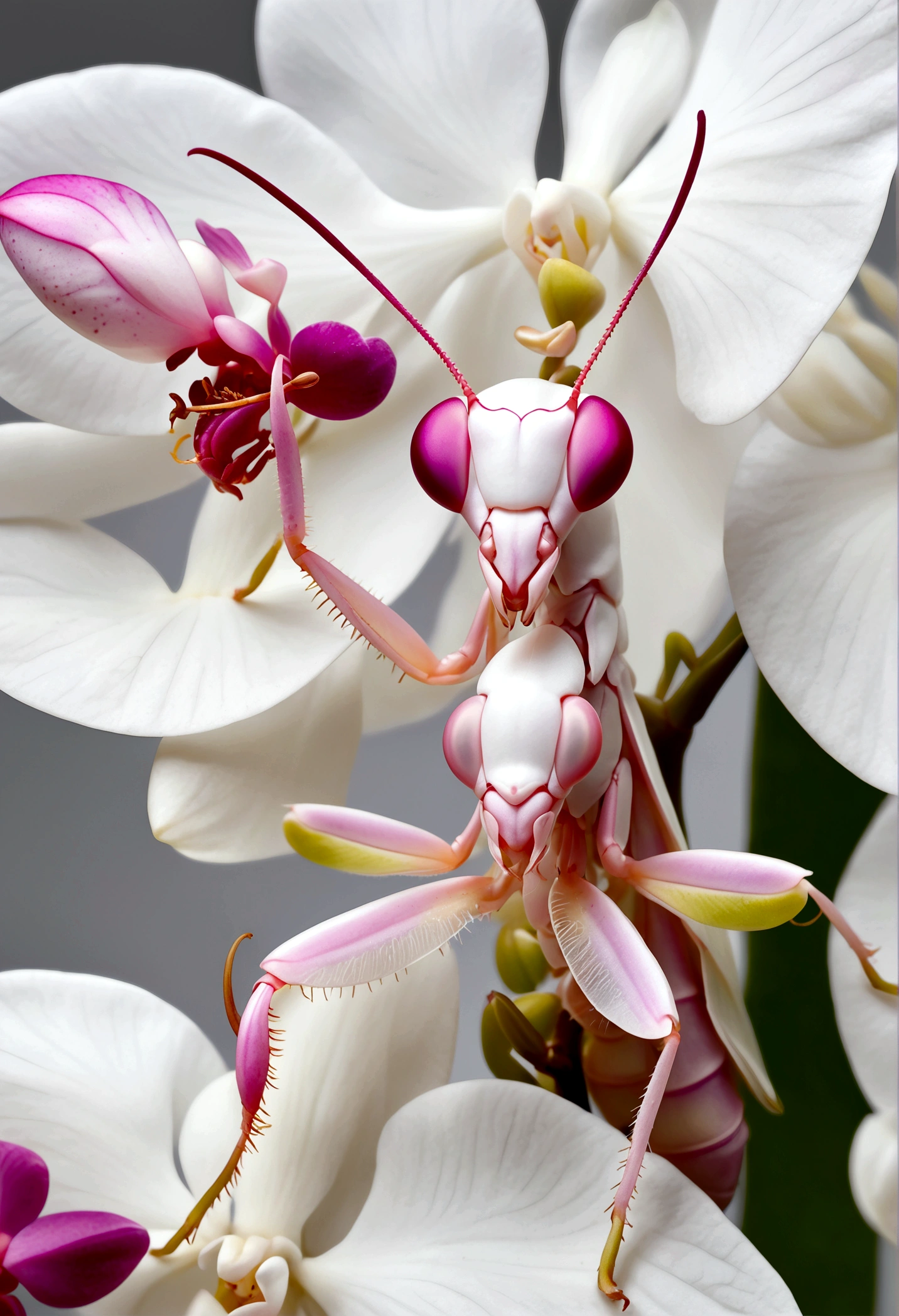 orchid mantis, pale white with pink highlights, hiding on white orchid, preparing to ambush prey, insect macro photography, extremely detailed, high resolution, photorealistic, natural lighting, depth of field, seamless blend of mantis and orchid, vibrant colors