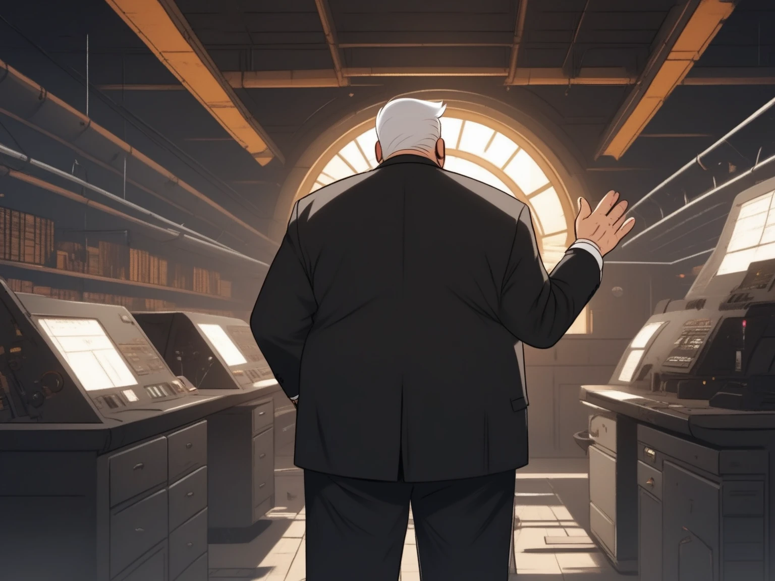 full body shot , back view ,1 old man, fat, mafia boss, white hair , 45 years old, wearing a black expensive suite, white short hair, right hand up