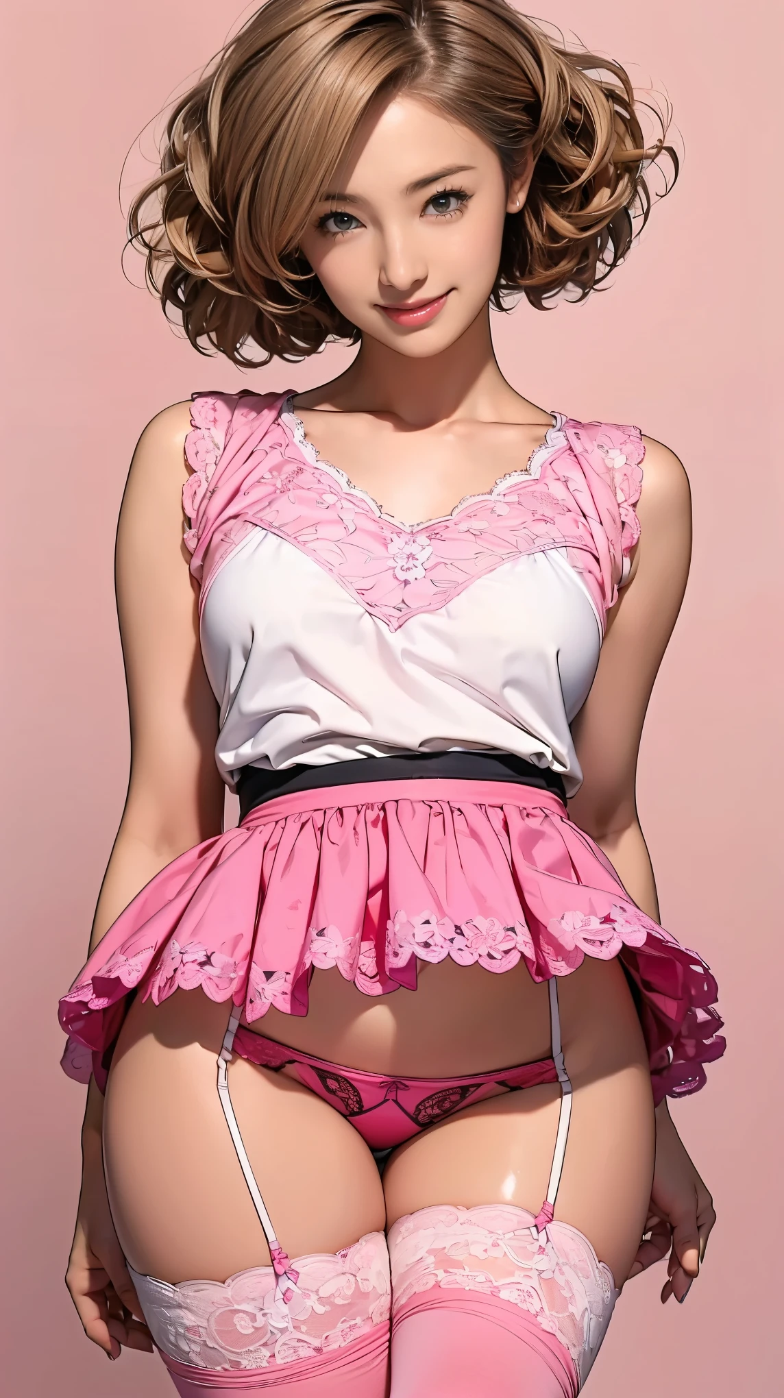 ((masterpiece)),(((Highest quality))),((Character design sheet)),Thin thighs,Long legs,A very cute 20 year old young woman from Japan..， ((Thin hair that is somewhere between brown and blonde)), ((Short hair with side waves)), size､(Curly Hair)，(((A very kind smile))), (((She wears pink, Red and magenta lace )))，(((Wearing a black tight skirt, but、it is'turned over in her hands.)))，(((He is wearing a black and white striped shirt.。)))  Highly detailed lips, Beautiful Eyes, City Street，