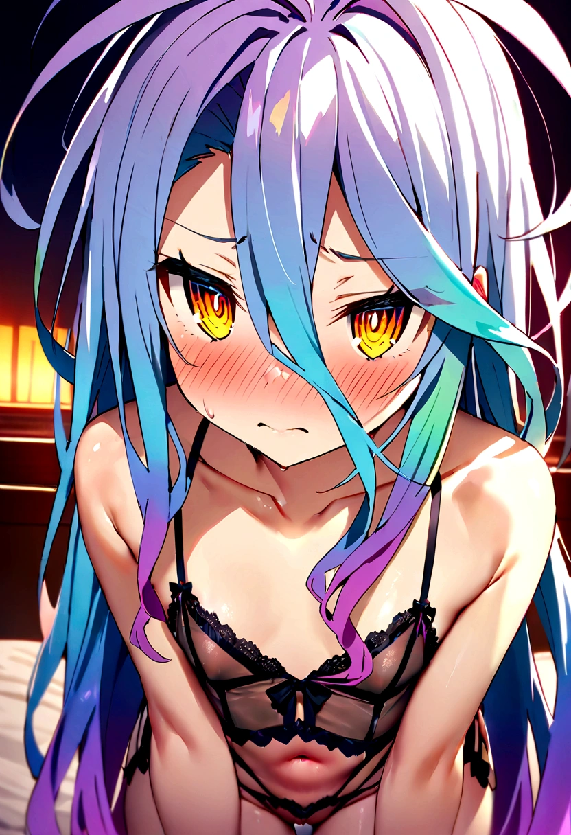 NSFW,masterpiece,Highest quality,High resolution,Super detailed,Shiro \(no game No life\),Long Hair,Multicolored Hair,Hair between the eyes,Gradient Hair,Yellow Eyes,Flat Chest,High-quality sexy lingerie,Love Hotel at Night,Embarrassed,blush