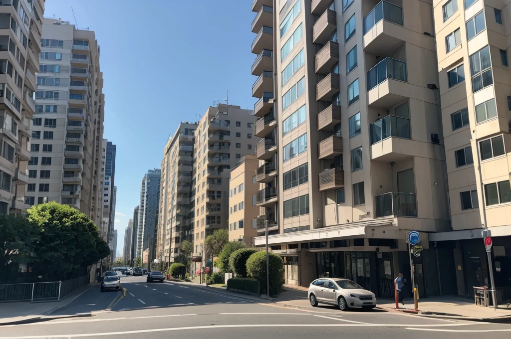 A high-rise apartment can be seen in the distance, and a car can be seen in front of the apartment. Next to the car, a man is seen running away. A man in his 30s can be seen running away, but he is so far away that he cannot recognize his face. The side where the man runs away is a low garden with a forest next to the apartment.