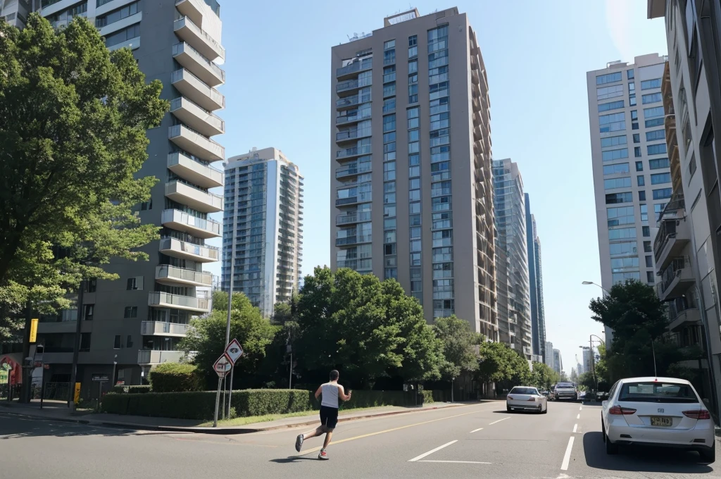 A high-rise apartment can be seen in the distance, and a car can be seen in front of the apartment. Next to the car, a man is seen running away. A man in his 30s can be seen running away, but he is so far away that he cannot recognize his face. The side where the man runs away is a low garden with a forest next to the apartment.