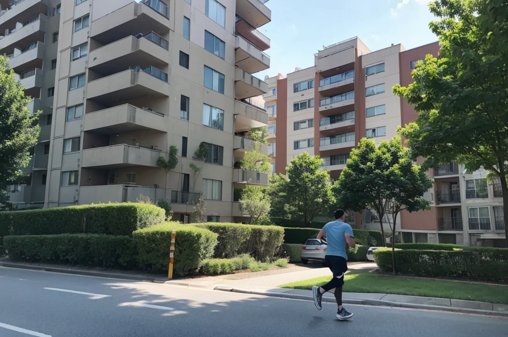 A high-rise apartment can be seen in the distance, and a car can be seen in front of the apartment. Next to the car, a man is seen running away. A man in his 30s can be seen running away, but he is so far away that he cannot recognize his face. The side where the man runs away is a low garden with a forest next to the apartment.