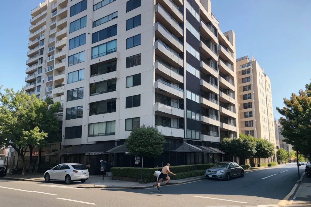 A high-rise apartment can be seen in the distance, and a car can be seen in front of the apartment. Next to the car, a man is seen running away. A man in his 30s can be seen running away, but he is so far away that he cannot recognize his face. The side where the man runs away is a low garden with a forest next to the apartment.