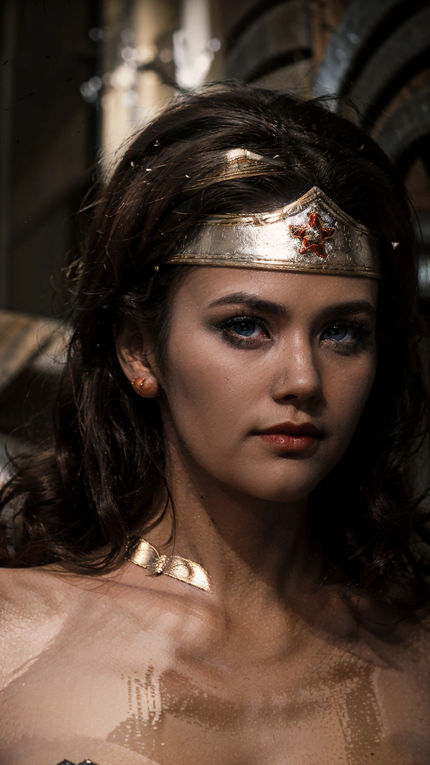 Masterpiece, Best quality, (Solo), (1girl), (photorealistic1.4), (epiCRealLife:1.0), (large breast), (cleave), (European model),, (j4nu4ryj0n3s). (Wonderwoman768 ), (lynda-carter-ww-costume), (black hair), (blue eyes),  (earring), (demure), (bodysuit),, (tiara), ((armored bands), (red lipstick), , (spotlight), (night time), (at night), (flash photography), (flash photo), (on New York Street), (alleyway),