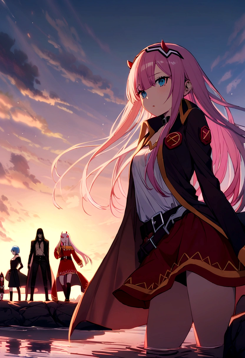 Roxy, Megumin, Zero Two, rem, echidna, They are located in the territory of the demon king, there are demons on the horizon,