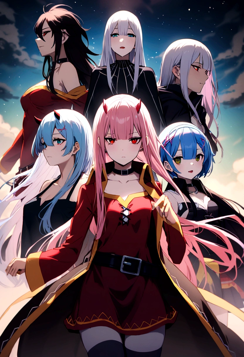 Roxy, Megumin, Zero Two, rem, echidna, They are located in the territory of the demon king, there are demons on the horizon,