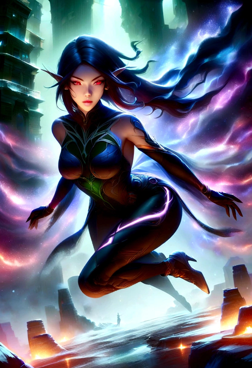 red eyes, sylvanas_windrunner, cinewow, 1girl, elf, will be depicted in the futuristic world of "Aeon Flux". The artwork will be created using the medium of digital illustration. The image quality should be at its best, with a resolution of 4k or 8k. It should be ultra-detailed and have a realistic, photorealistic appearance. The colors should be vivid and the lighting should be carefully designed to enhance the overall atmosphere of the scene. In the artwork,red eyes, sylvanas_windrunner, cinewow, 1girl, elf, character will be portrayed with beautiful, detailed eyes and lips. Her face will be extremely detailed, capturing her unique features and expressions. She will be shown in a dynamic pose, reflecting her strong and confident personality. The background will be a futuristic cityscape, showcasing the sci-fi elements of the "Aeon Flux" universe. The city will be presented in a dark and moody color palette, with neon lights illuminating the streets. The composition will have a strong sense of depth, with layers of buildings and structures creating a visually striking image. The artwork will have a professional and polished look, with sharp focus and ultra-fine painting details. The use of HDR and studio lighting will further enhance the realism of the scene. The overall style of the artwork will be influenced by concept artists, combining elements of science fiction and dystopia. The final result should be a masterpiece that captures the essence of "Aeon Flux" and portrayal of the red eyes, sylvanas_windrunner, cinewow, 1girl, elf, iconic character.